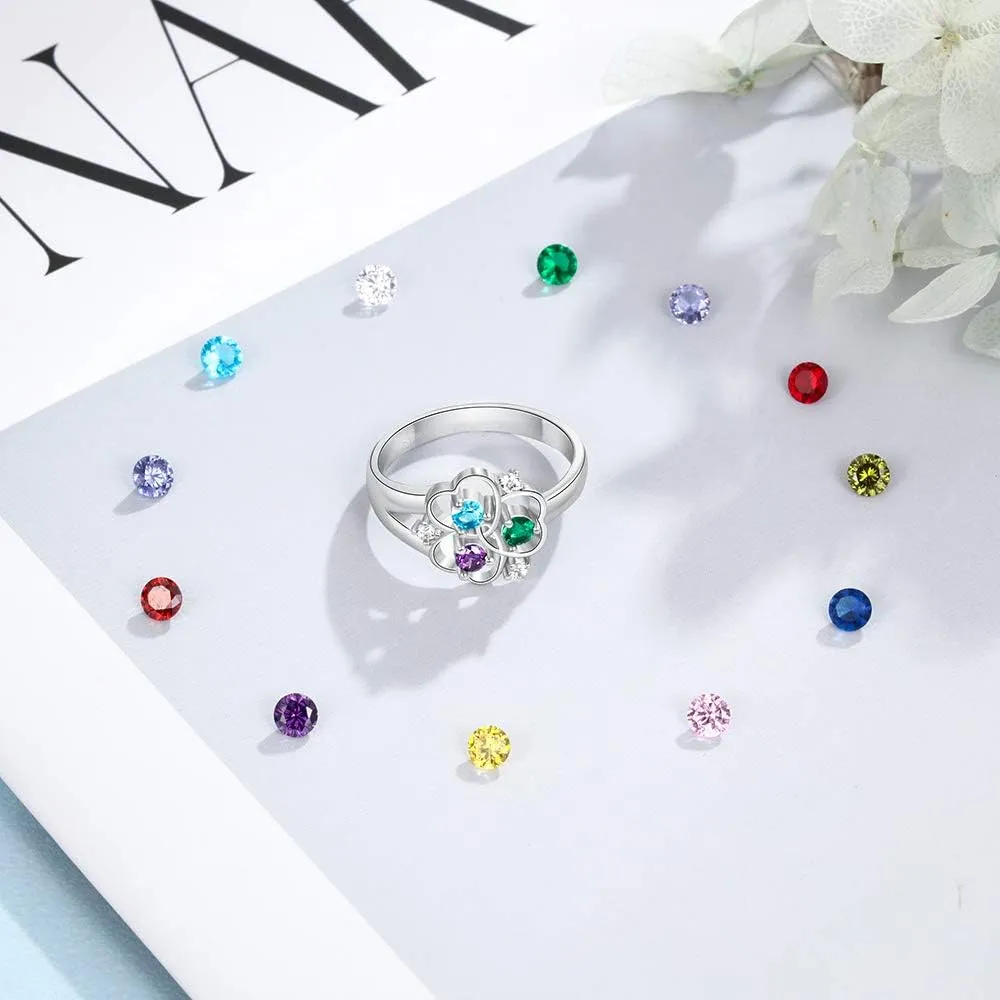 Personalized 925 Sterling Silver Mothers Rings with 3 Simulated Birthstones 3 Names Custom Flower Promise Ring Engraved Heart Rings for Women