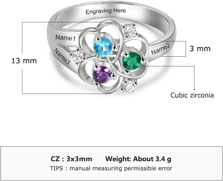Personalized 925 Sterling Silver Mothers Rings with 3 Simulated Birthstones 3 Names Custom Flower Promise Ring Engraved Heart Rings for Women