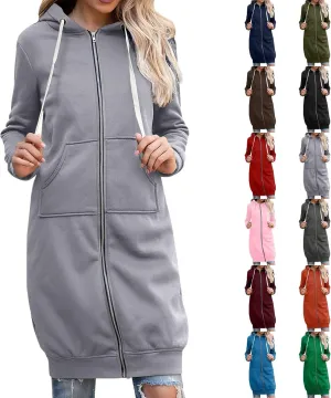 Plus Size Long Hoodies for Women Fleece Zip Up Oversized Sweatshirt Casual Drawstring Hooded Winter Coat with Pockets