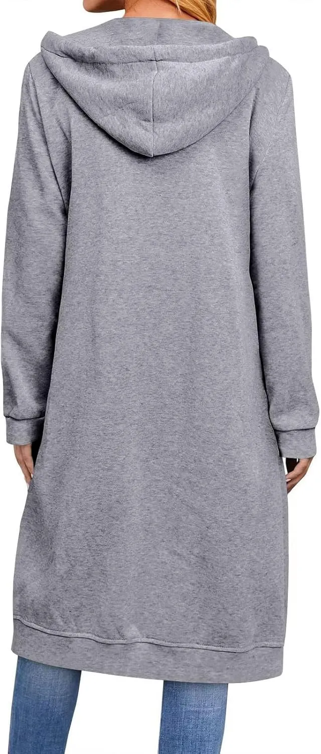 Plus Size Long Hoodies for Women Fleece Zip Up Oversized Sweatshirt Casual Drawstring Hooded Winter Coat with Pockets