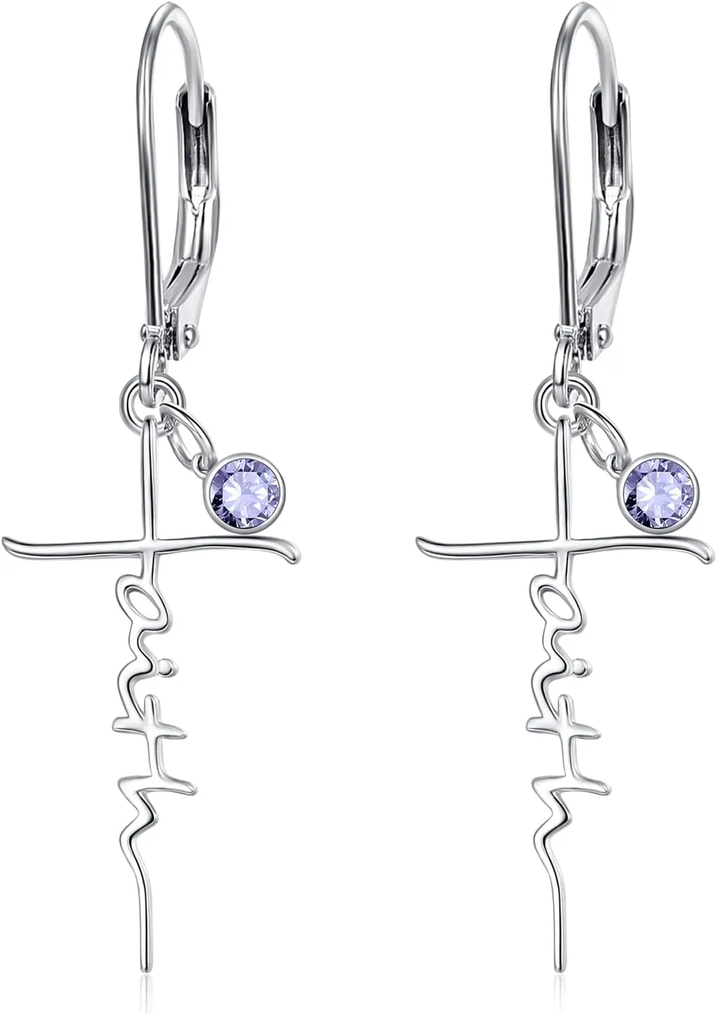 PRAYMOS Faith Cross Earrings for Women 925 Sterling Silver Dangle Earrings Hypoallergenic Birhstone Earrings Religious Christan Confirmation Gifts