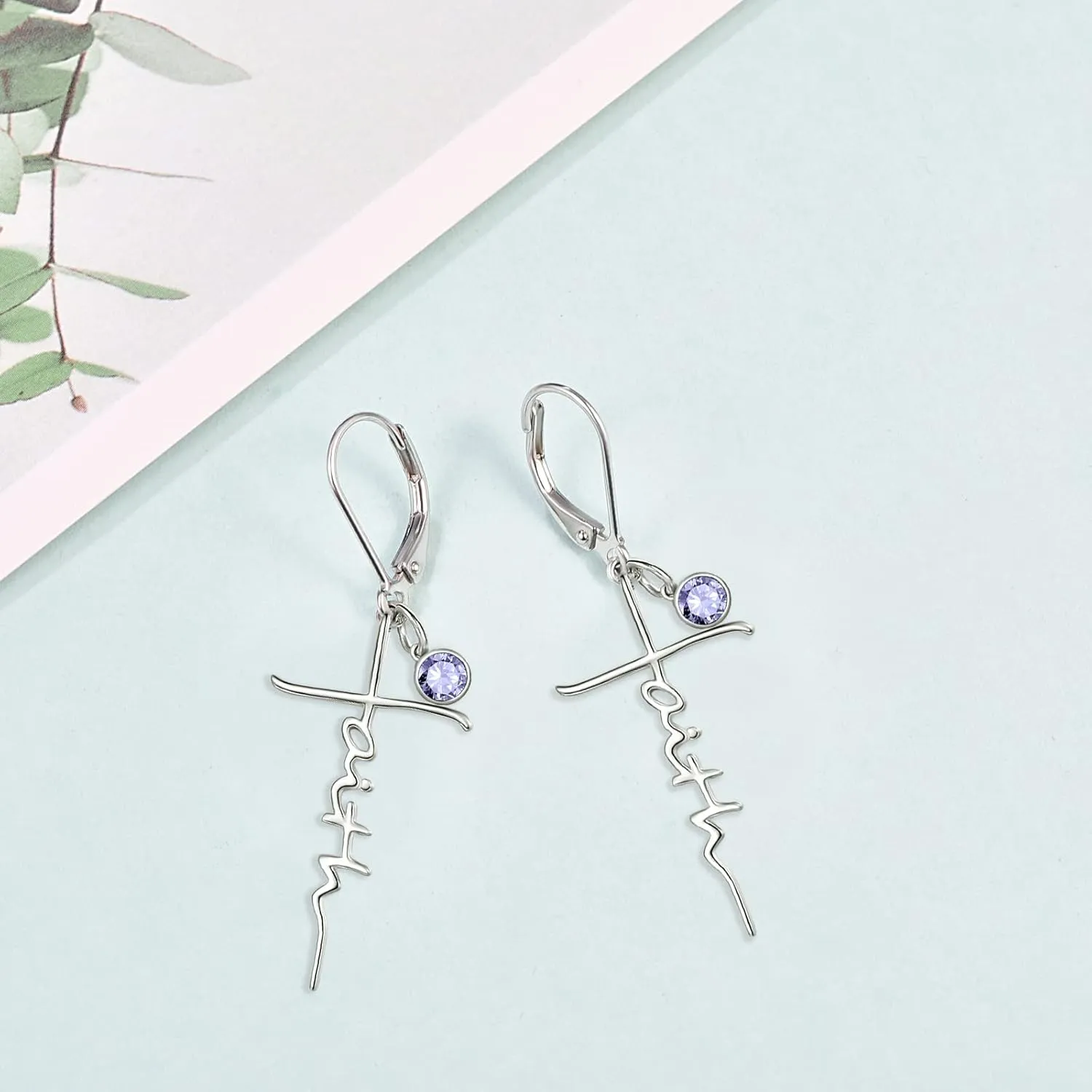 PRAYMOS Faith Cross Earrings for Women 925 Sterling Silver Dangle Earrings Hypoallergenic Birhstone Earrings Religious Christan Confirmation Gifts