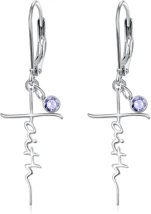PRAYMOS Faith Cross Earrings for Women 925 Sterling Silver Dangle Earrings Hypoallergenic Birhstone Earrings Religious Christan Confirmation Gifts