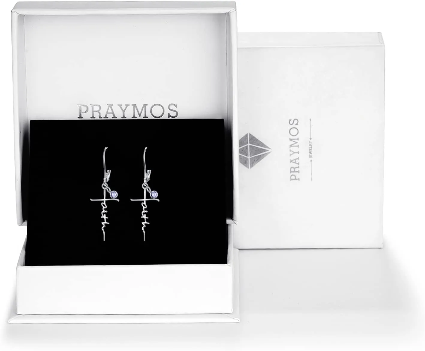 PRAYMOS Faith Cross Earrings for Women 925 Sterling Silver Dangle Earrings Hypoallergenic Birhstone Earrings Religious Christan Confirmation Gifts