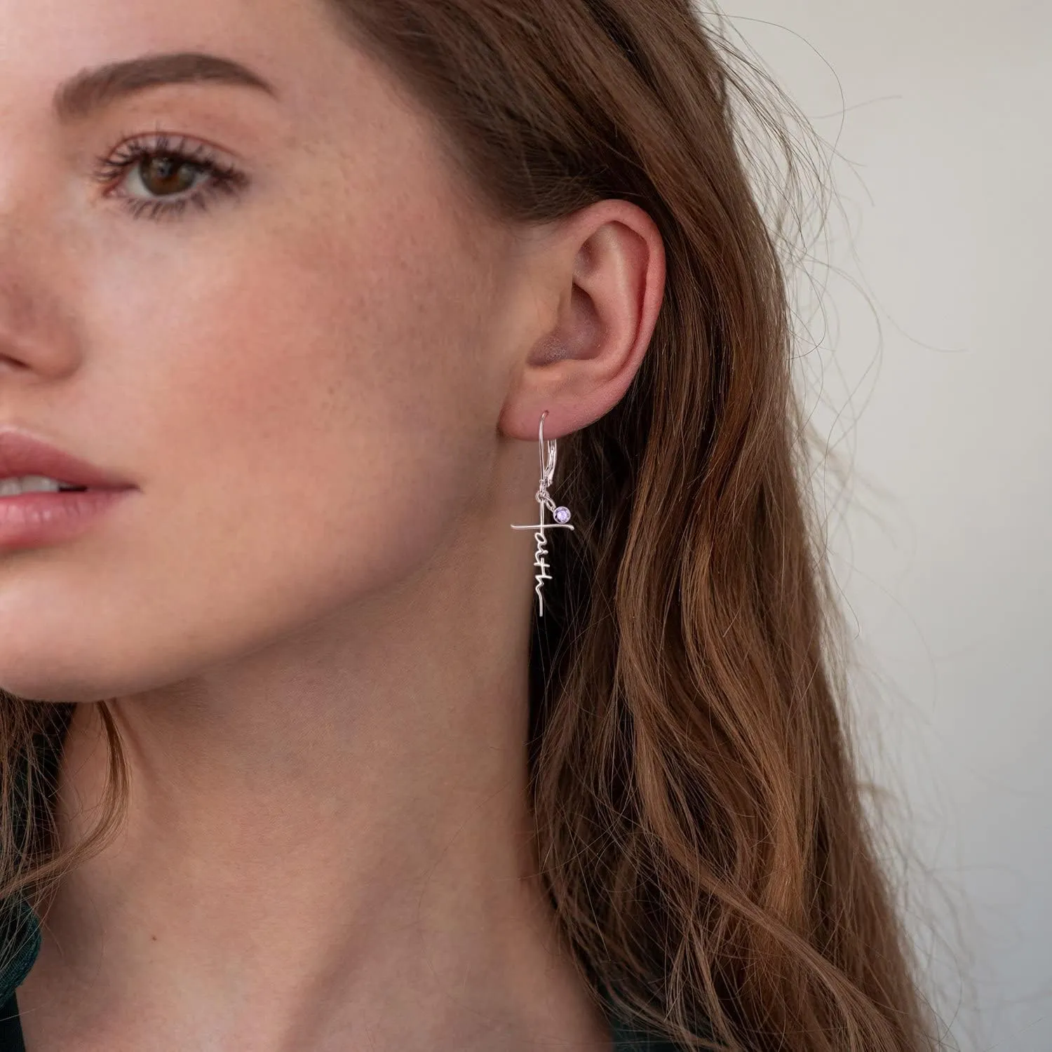 PRAYMOS Faith Cross Earrings for Women 925 Sterling Silver Dangle Earrings Hypoallergenic Birhstone Earrings Religious Christan Confirmation Gifts