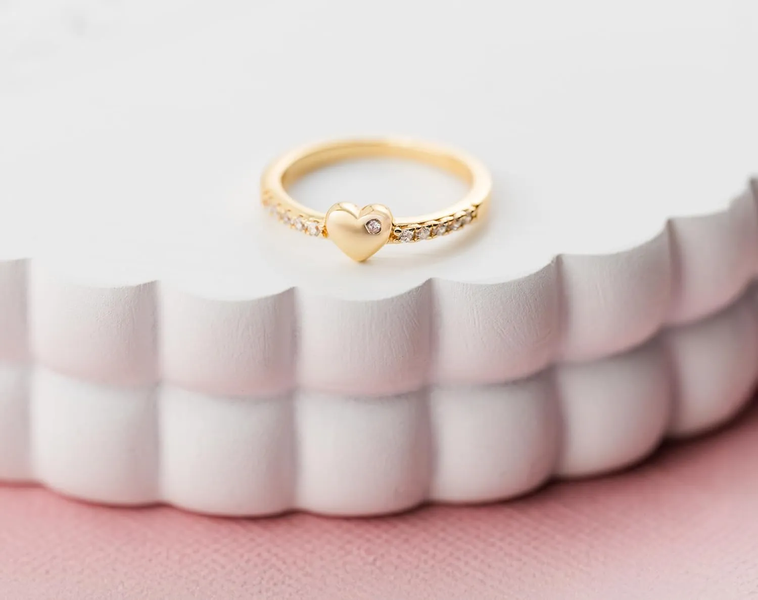 Precious Pieces Sterling Silver or 14K Gold Plated Baby Ring with Puff Heart and Pink CZs for Babies, Toddlers, Little Girls, Stackable or Pinky Ring for Teens and Women