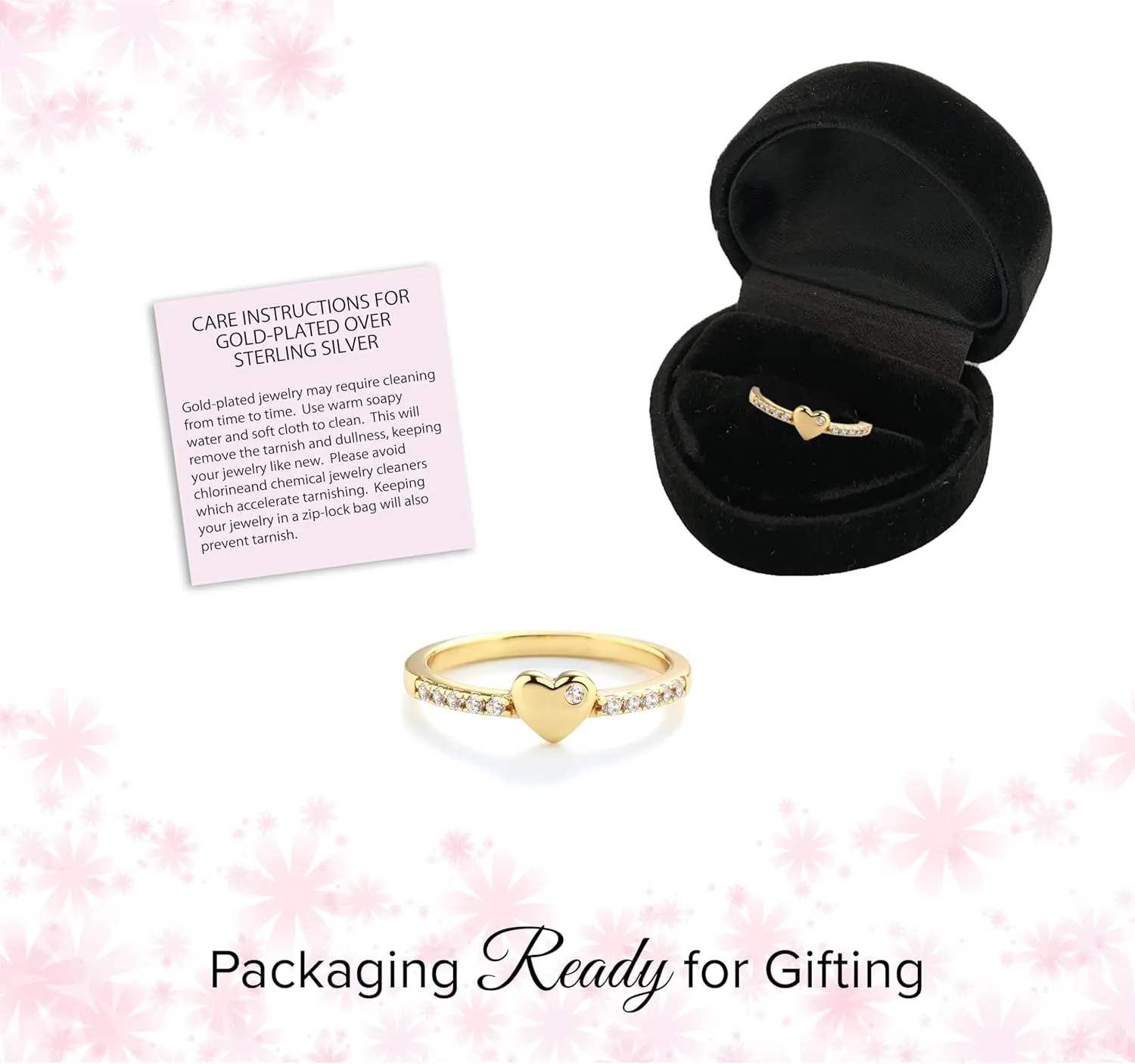 Precious Pieces Sterling Silver or 14K Gold Plated Baby Ring with Puff Heart and Pink CZs for Babies, Toddlers, Little Girls, Stackable or Pinky Ring for Teens and Women