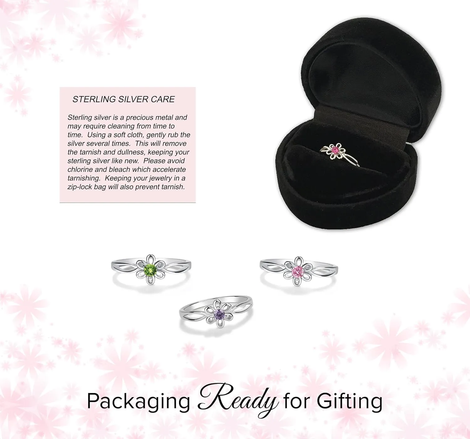 Precious Pieces Sterling Silver Simulated Birthstone Baby Ring with Flower for Little Girls