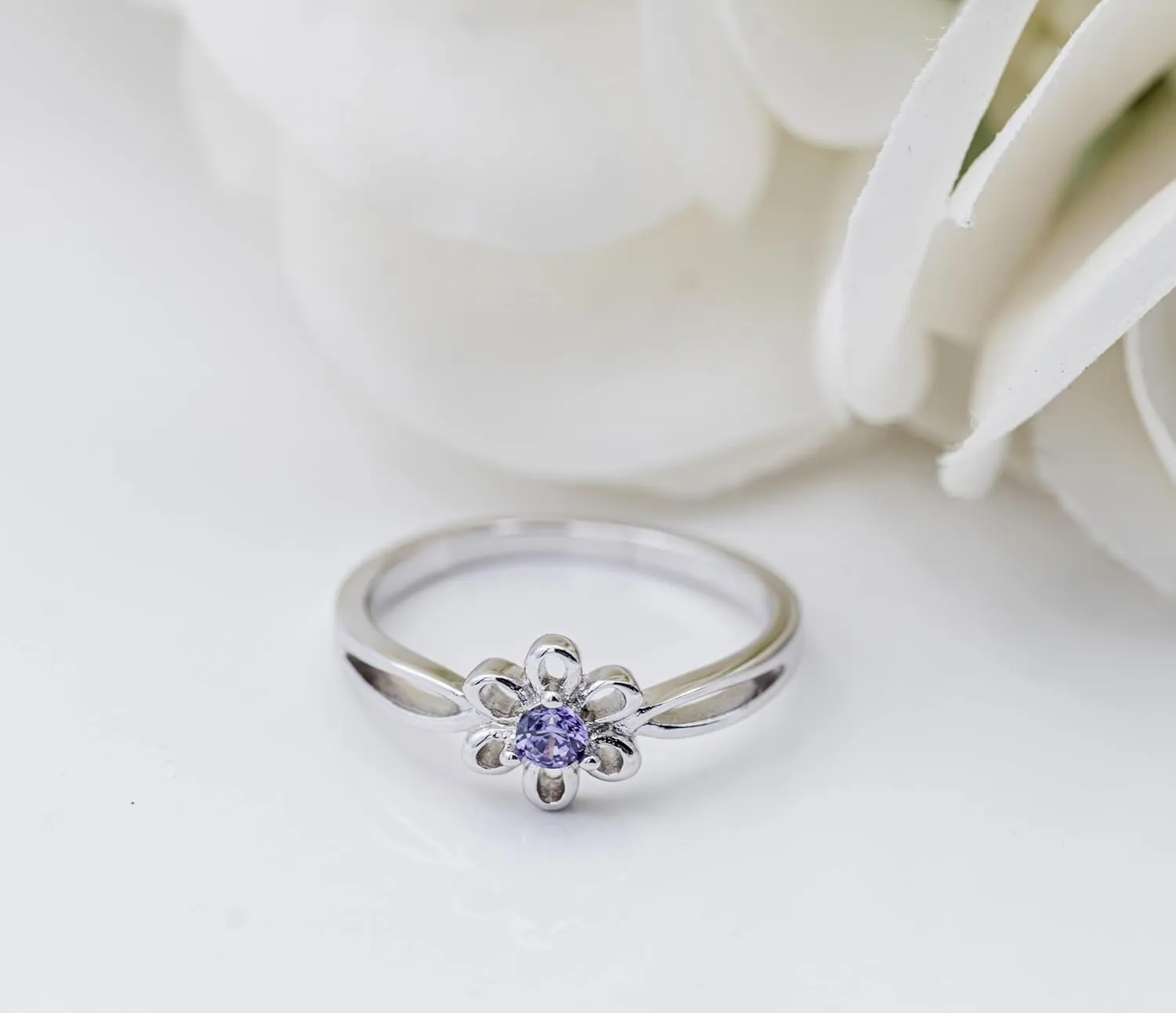 Precious Pieces Sterling Silver Simulated Birthstone Baby Ring with Flower for Little Girls