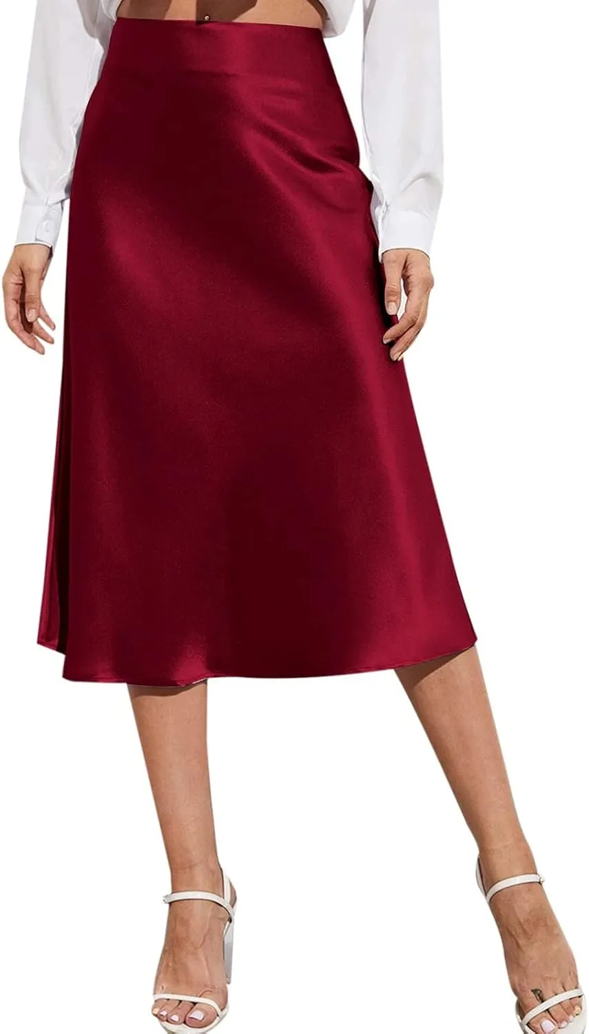 Preppy Skirts Womens High Waist Midi Skirt Solid Satin Dress Zipper Elegant Summer Skirts Cage Skirt Belt