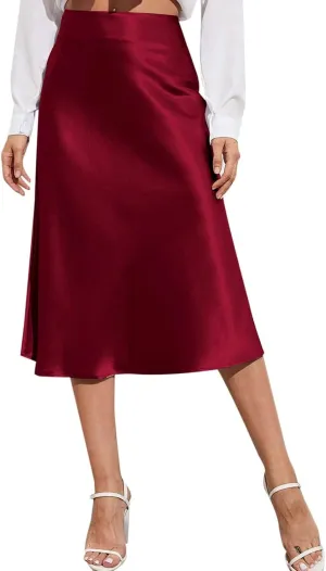 Preppy Skirts Womens High Waist Midi Skirt Solid Satin Dress Zipper Elegant Summer Skirts Cage Skirt Belt