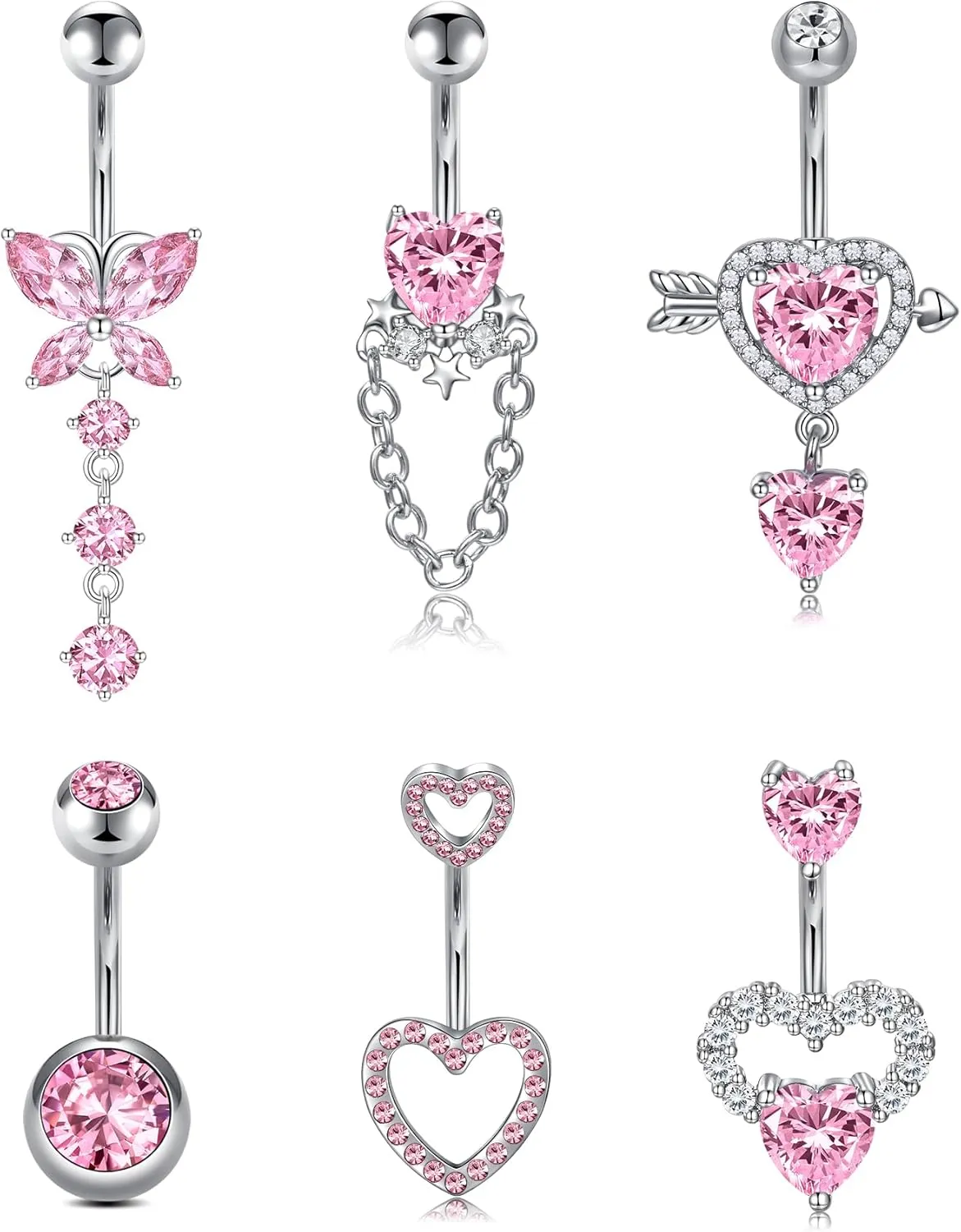 QWALIT Belly Button Rings 14G Surgical Steel Belly Rings CZ Opal Navel Piercing Jewelry for Women Girls 3/8" 10mm Silver Rose Gold