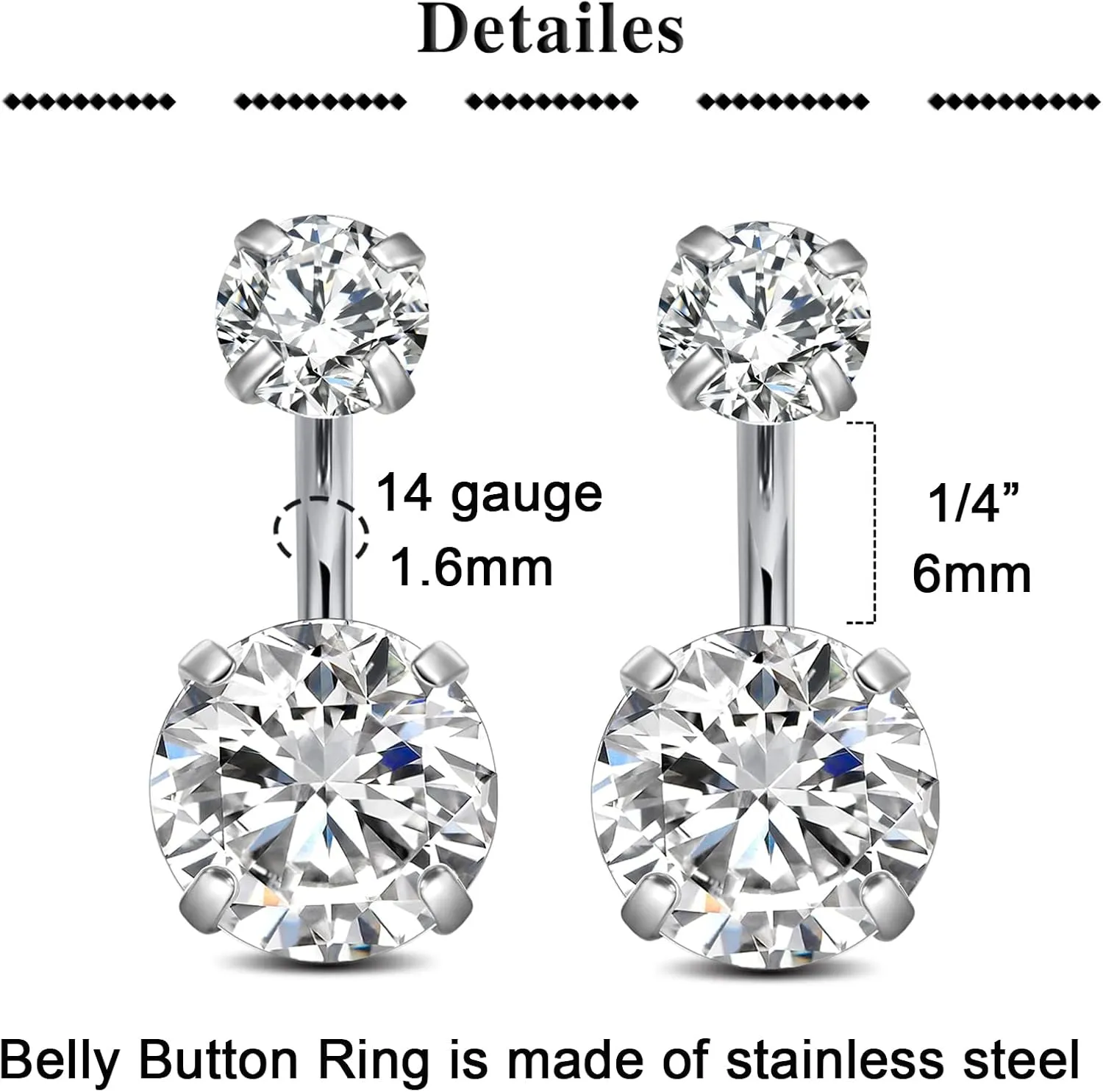QWALIT Belly Rings - Short Bar Belly Button Rings in Surgical Steel with Opal Stones - 6mm & 10mm