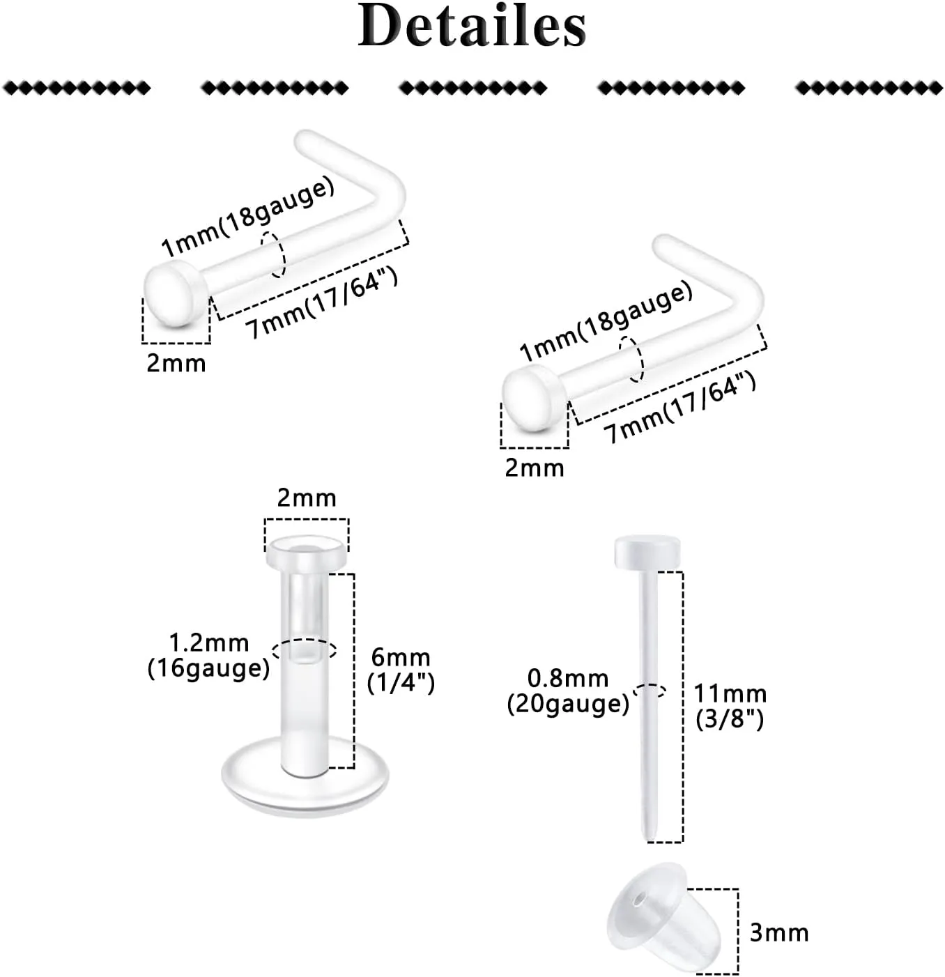 QWALIT Clear Nose Rings Studs L Shape Piercing Retainer Flexible Nose Bone Flesh Skin Color Nostril Piercing Retainer for Work 18g 20g Flat Top