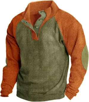 QWENTMTNTY Men's Corduroy Pullover Casual Fleece Lined Collar Polo Sweater Long Sleeve Mock Neck Vintage Western Sweatshirt