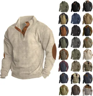 QWENTMTNTY Men's Corduroy Pullover Casual Fleece Lined Collar Polo Sweater Long Sleeve Mock Neck Vintage Western Sweatshirt