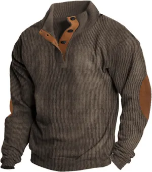 QWENTMTNTY Men's Corduroy Pullover Casual Fleece Lined Collar Polo Sweater Long Sleeve Mock Neck Vintage Western Sweatshirt