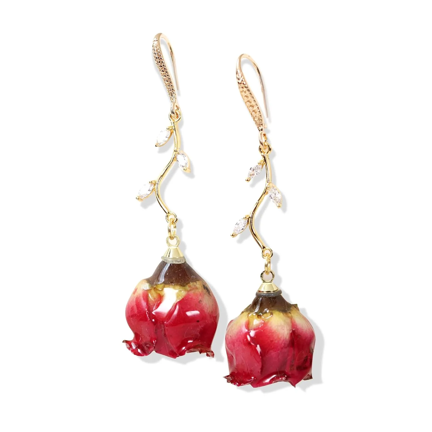 Real rose flower gold plated earrings, red rose flower dangle drop earrings, dry rose flower fashion earrings, elegant red rose bridal earrings
