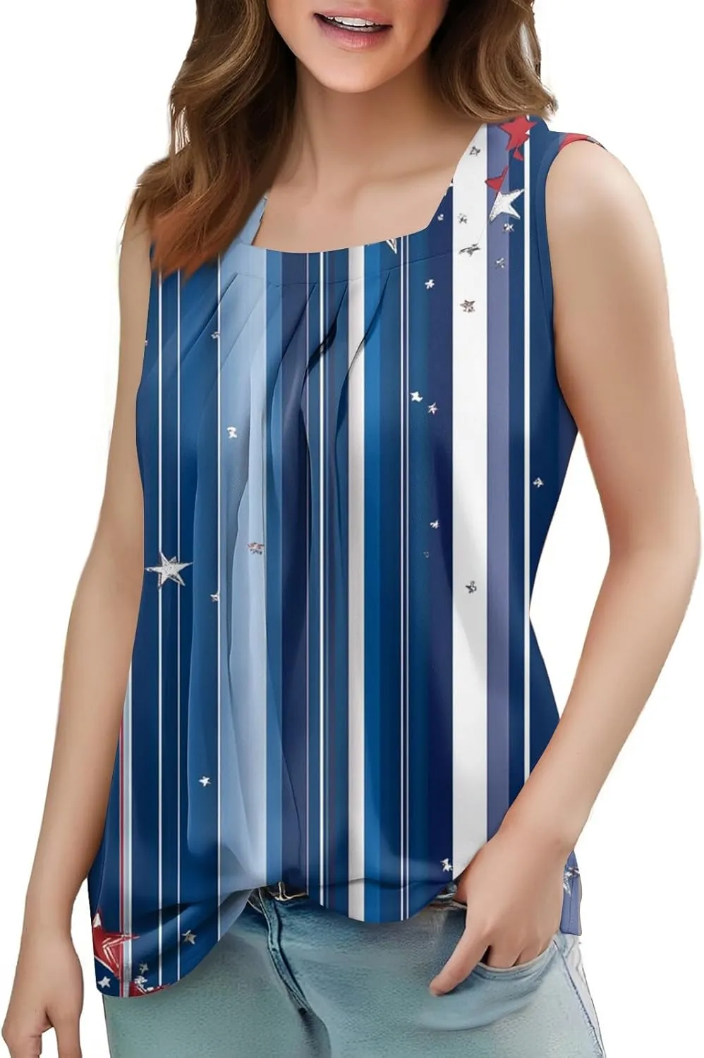 Red White and Blue Tank Top Women Pleated Square Neck Sleeveless Tops Loose Fit Curved Hem Flowy American Flag Shirt