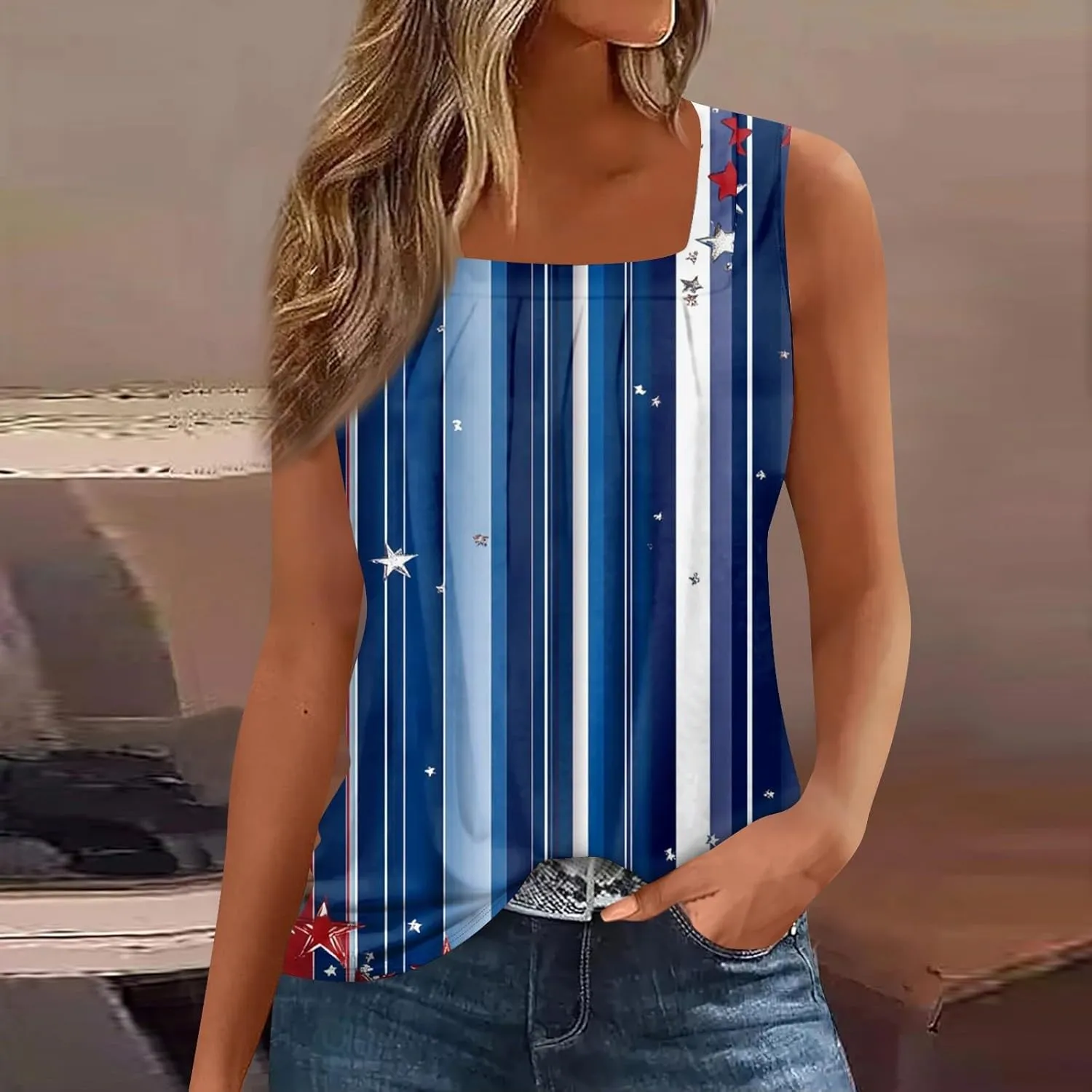 Red White and Blue Tank Top Women Pleated Square Neck Sleeveless Tops Loose Fit Curved Hem Flowy American Flag Shirt