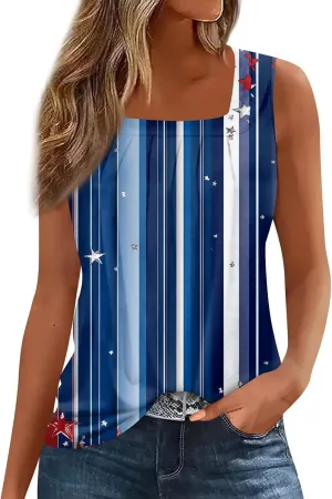 Red White and Blue Tank Top Women Pleated Square Neck Sleeveless Tops Loose Fit Curved Hem Flowy American Flag Shirt