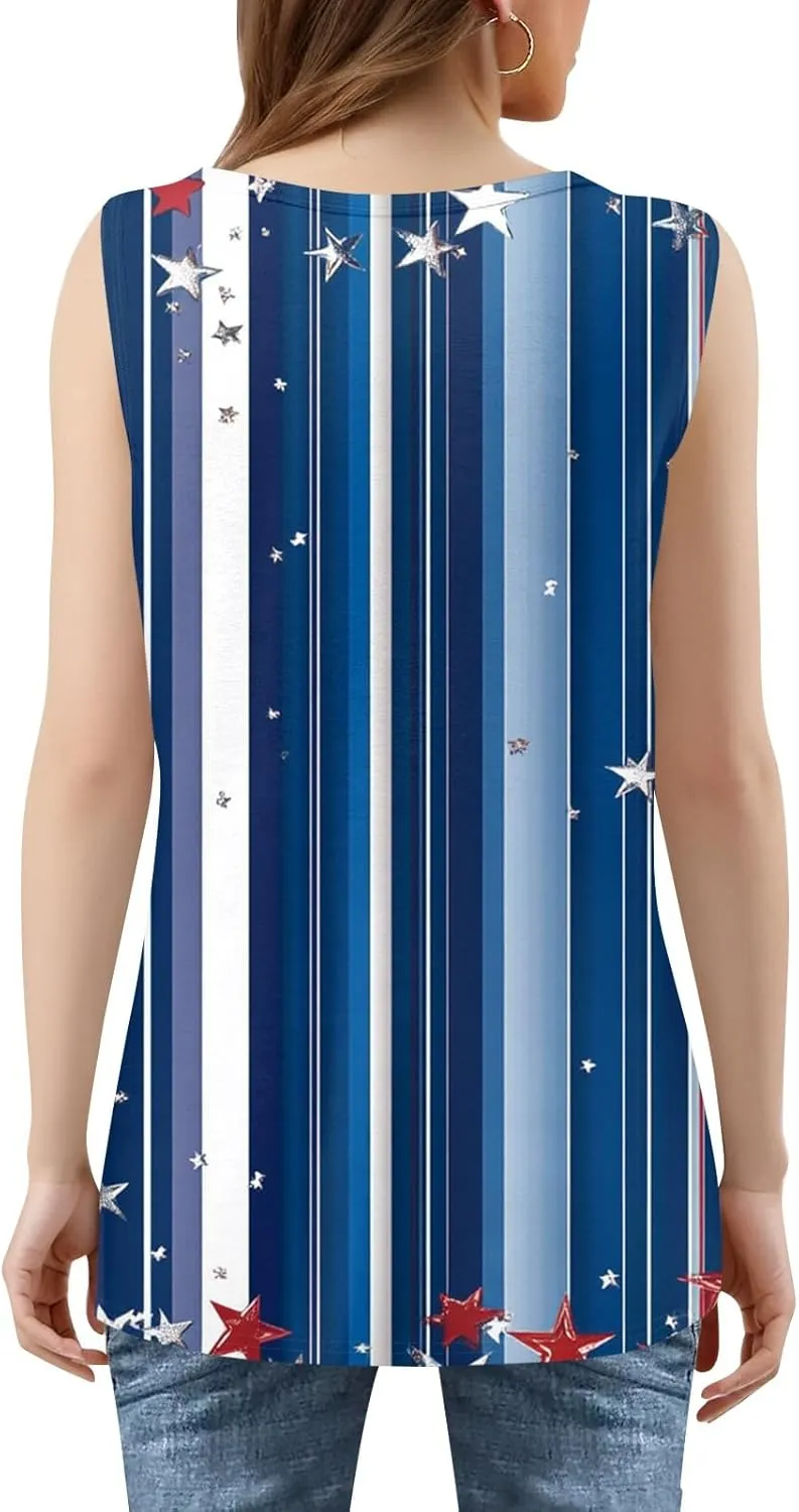 Red White and Blue Tank Top Women Pleated Square Neck Sleeveless Tops Loose Fit Curved Hem Flowy American Flag Shirt