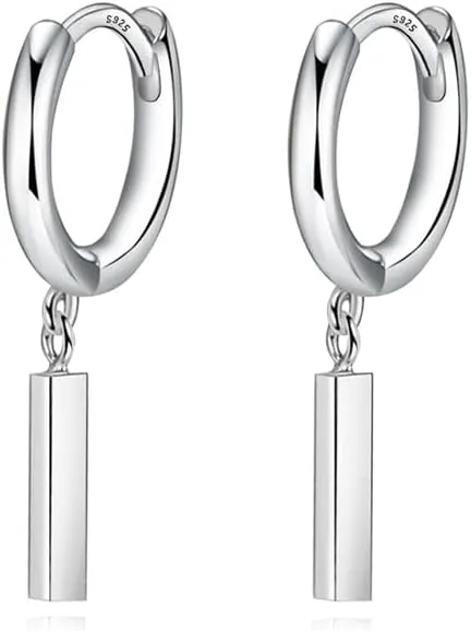 Reffeer Solid 925 Sterling Silver Bar Drop Hoop Earrings for Women Teens Minimalist Bar Hoop Earrings Huggie