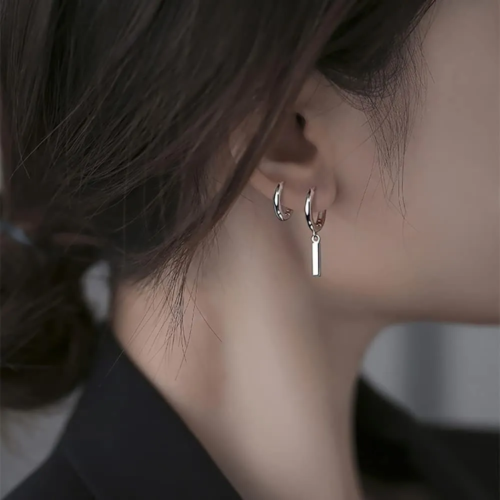 Reffeer Solid 925 Sterling Silver Bar Drop Hoop Earrings for Women Teens Minimalist Bar Hoop Earrings Huggie