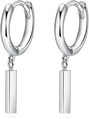 Reffeer Solid 925 Sterling Silver Bar Drop Hoop Earrings for Women Teens Minimalist Bar Hoop Earrings Huggie
