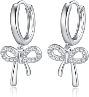 Reffeer Solid 925 Sterling Silver Bow Drop Hoop Earrings for Women Teens Bowknot Hoop Earrings Huggie Ribbon Earrings