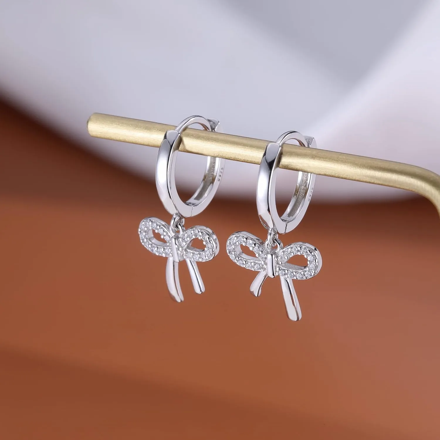 Reffeer Solid 925 Sterling Silver Bow Drop Hoop Earrings for Women Teens Bowknot Hoop Earrings Huggie Ribbon Earrings