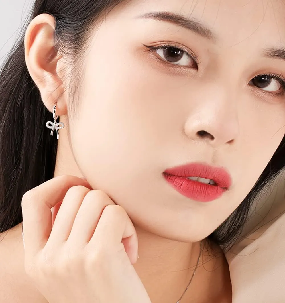 Reffeer Solid 925 Sterling Silver Bow Drop Hoop Earrings for Women Teens Bowknot Hoop Earrings Huggie Ribbon Earrings