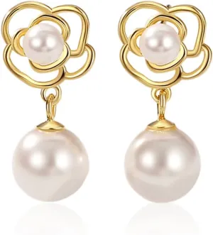 Reffeer Solid 925 Sterling Silver Imitation Pearl Drop Earrings for Women Teen Girls Pearl Flower Drop Earrings Wedding
