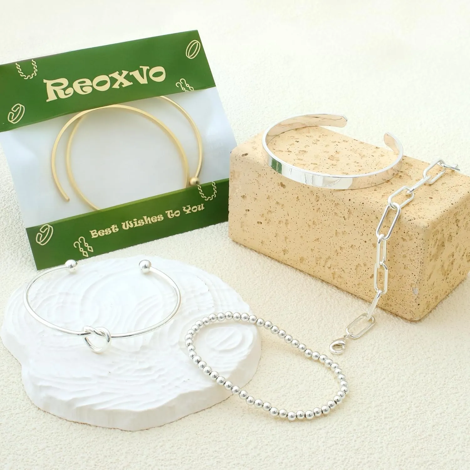 Reoxvo 14K Gold Plated Bangle Cuff Bracelets for Women Non Tarnish Gold Bracelet Stack Jewelry Set for Women Trendy