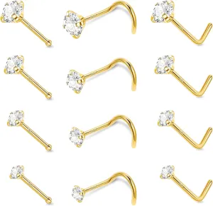 REVOLIA 12Pcs 18G/20G/22G 14K Gold Filled Nose Studs for Women Men Hypoallergenic Round CZ L Shaped Corkscrew Nose Rings Studs Nostril Piercing Jewelry 1.5-3mm
