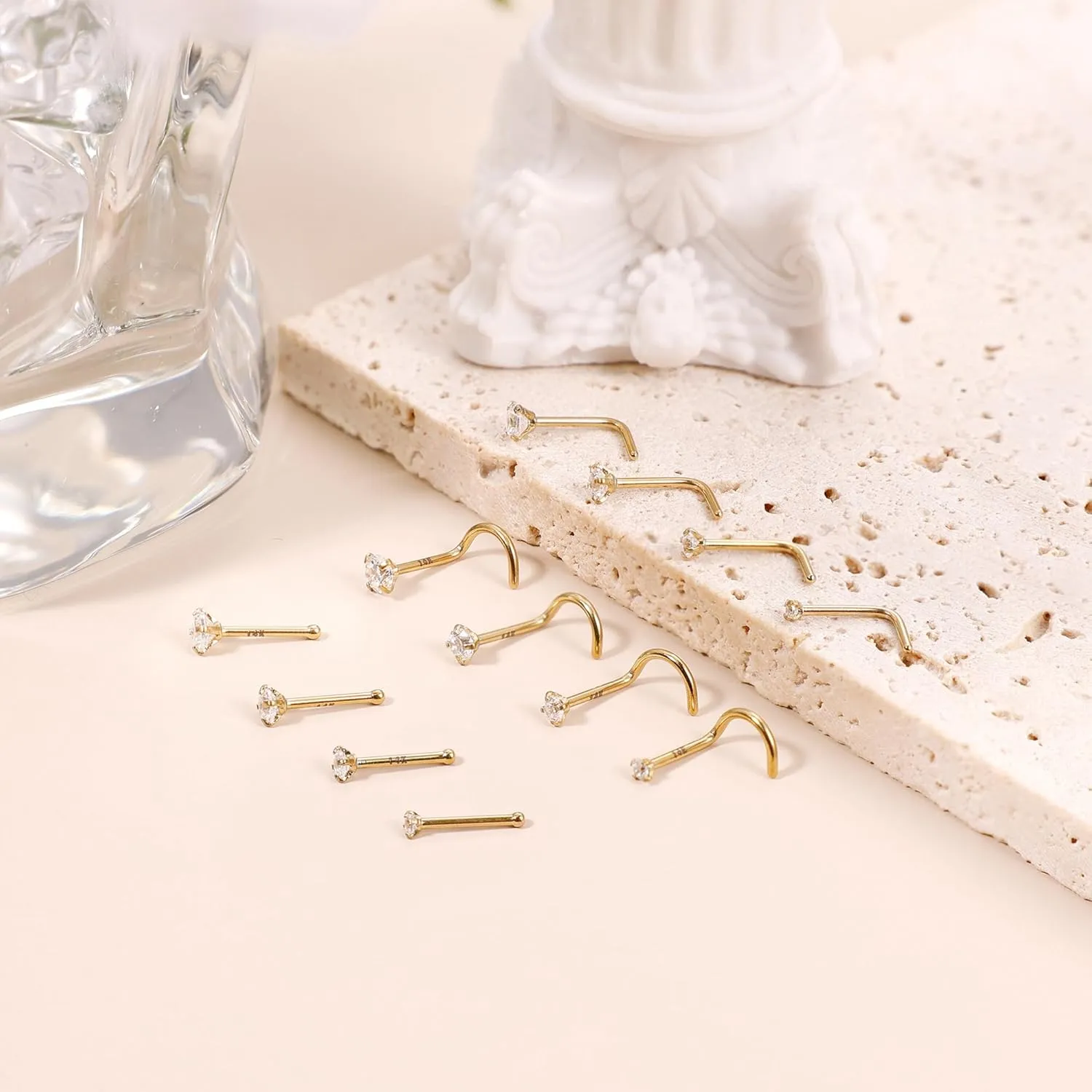 REVOLIA 12Pcs 18G/20G/22G 14K Gold Filled Nose Studs for Women Men Hypoallergenic Round CZ L Shaped Corkscrew Nose Rings Studs Nostril Piercing Jewelry 1.5-3mm