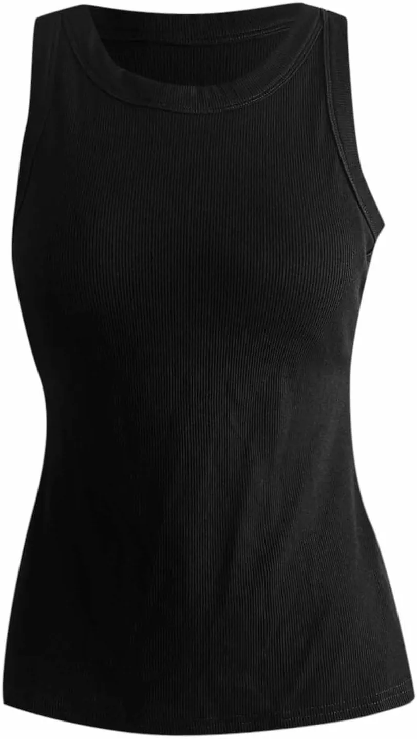Ribbed Tank Tops for Women Built in Bra High Neck Racerback Shelf Bra Summer Cami Yoga Shirts Sleeveless Undershirt