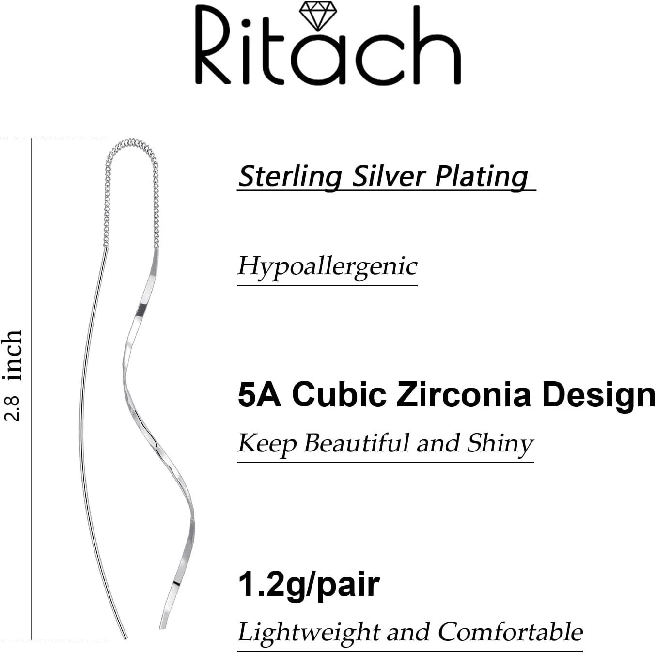 Ritach Sterling Silver Dangle Earrings for Women Trendy, Long Silver Threader Earrings Dainty Minimalist Dangling Drop Earrings for Prom Party