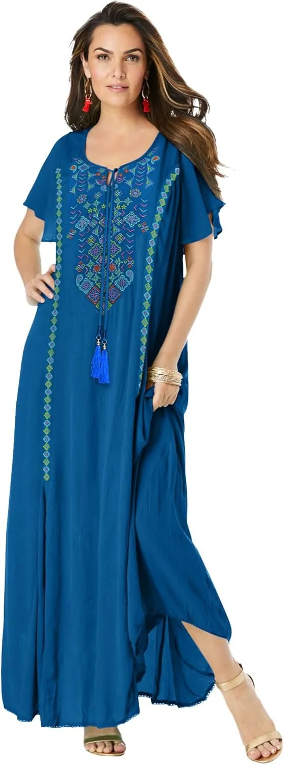 Roaman's Women's Plus Size Aline Embroidered Crinkle Maxi Dress