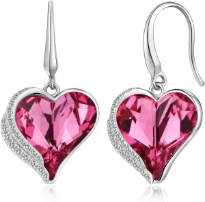 Romantic Love Heart Austrian Crystal Dangle Drop Earrings for Women 925 Sterling Silver 18K White Gold Plated Dangling Earrings Fine Jewelry