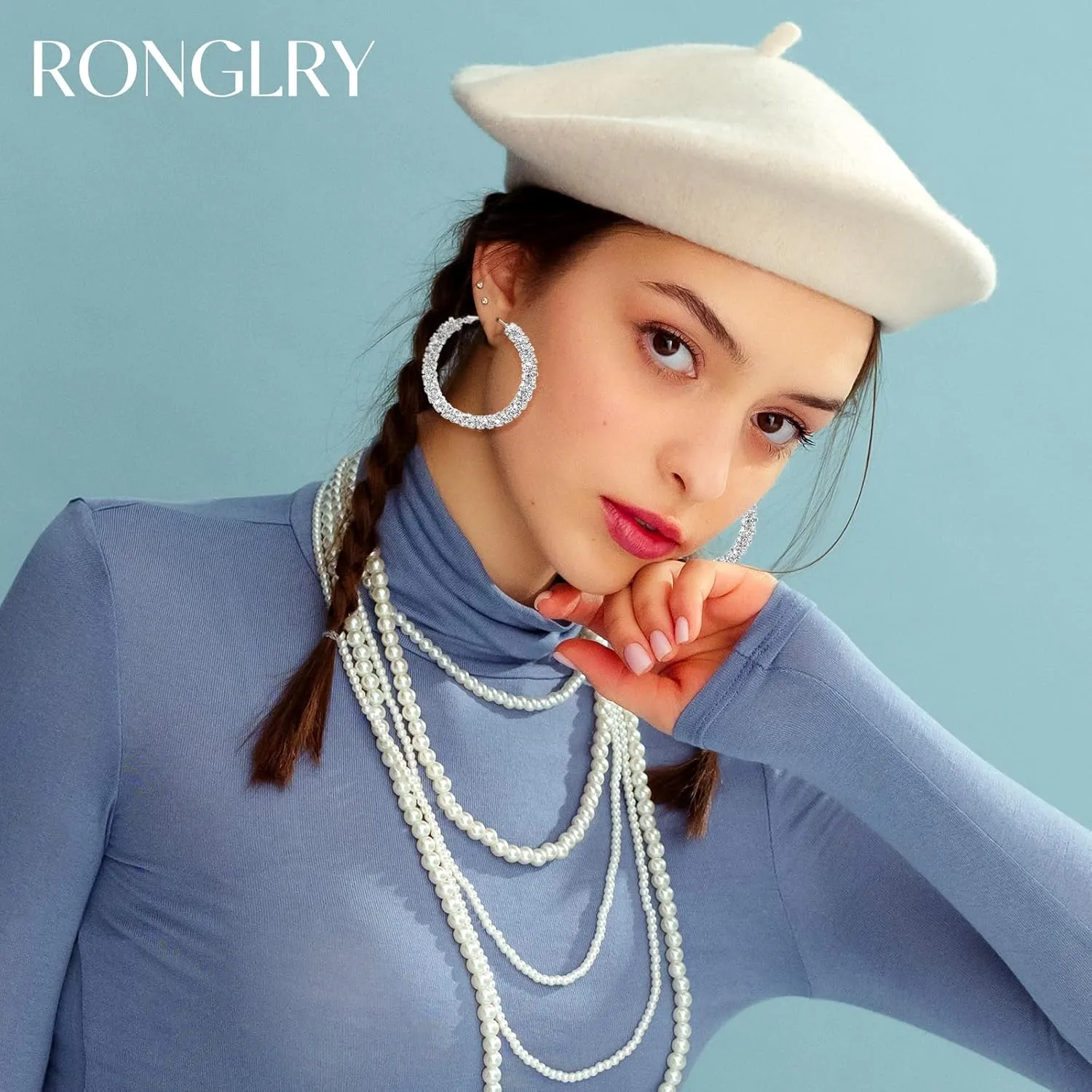 Ronglry Rhinestone Hoop Earrings for Women Glitter Hoop Earrings Bohemian Silver Sparkle Earrings Hoop Dangle Earrings for Women Large Hoop Earrings Crystal Party Earrings Prom Formal Jewelry