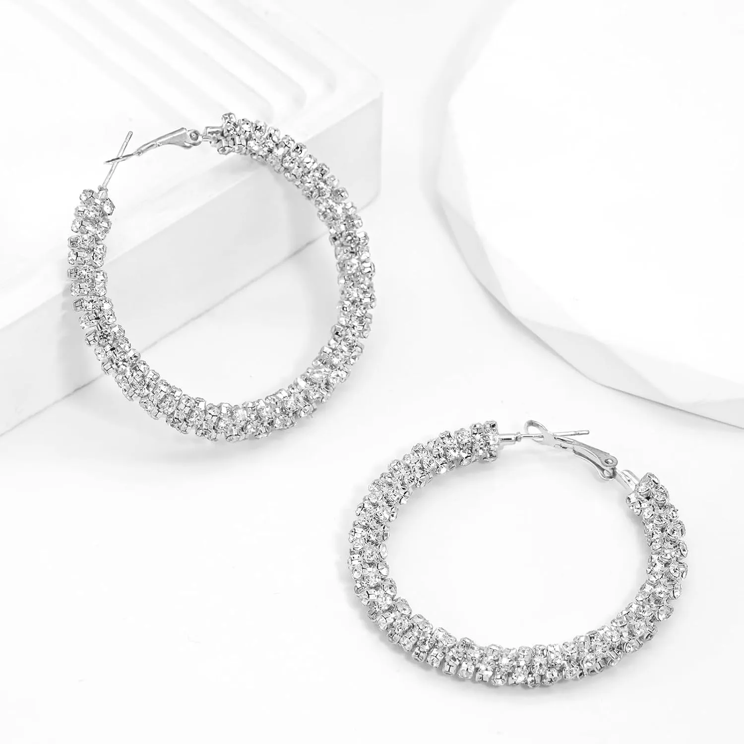 Ronglry Rhinestone Hoop Earrings for Women Glitter Hoop Earrings Bohemian Silver Sparkle Earrings Hoop Dangle Earrings for Women Large Hoop Earrings Crystal Party Earrings Prom Formal Jewelry