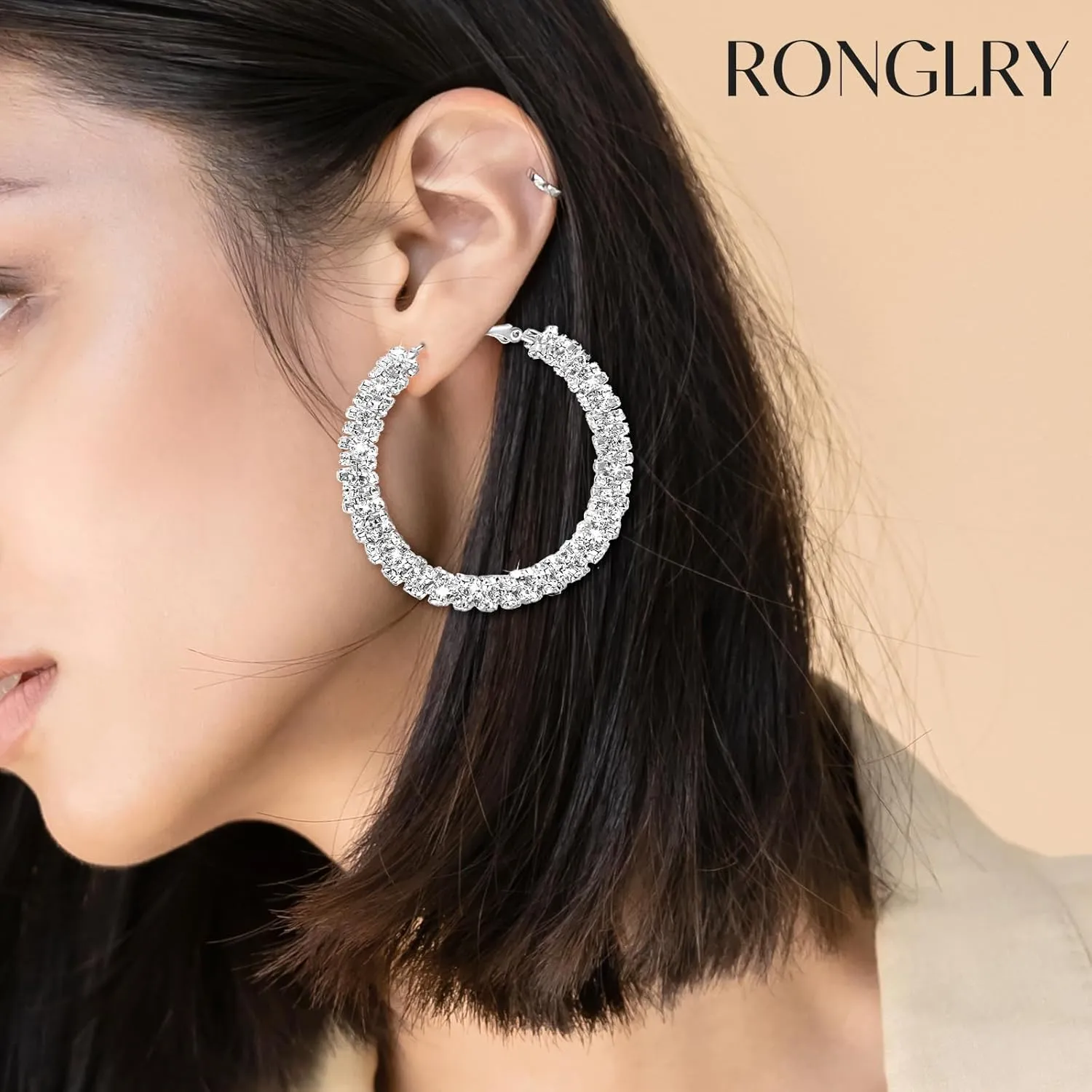 Ronglry Rhinestone Hoop Earrings for Women Glitter Hoop Earrings Bohemian Silver Sparkle Earrings Hoop Dangle Earrings for Women Large Hoop Earrings Crystal Party Earrings Prom Formal Jewelry