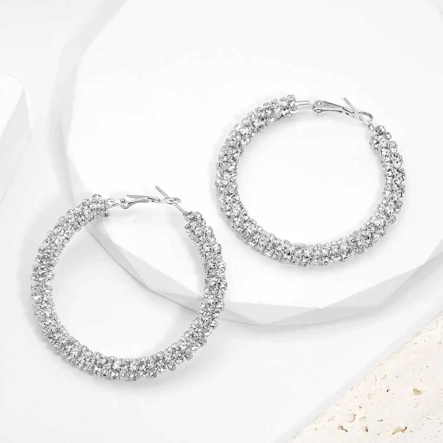 Ronglry Rhinestone Hoop Earrings for Women Glitter Hoop Earrings Bohemian Silver Sparkle Earrings Hoop Dangle Earrings for Women Large Hoop Earrings Crystal Party Earrings Prom Formal Jewelry