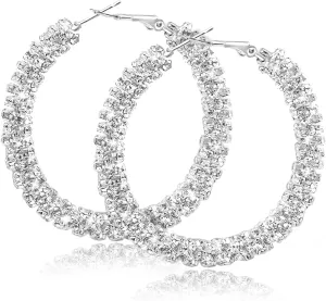 Ronglry Rhinestone Hoop Earrings for Women Glitter Hoop Earrings Bohemian Silver Sparkle Earrings Hoop Dangle Earrings for Women Large Hoop Earrings Crystal Party Earrings Prom Formal Jewelry