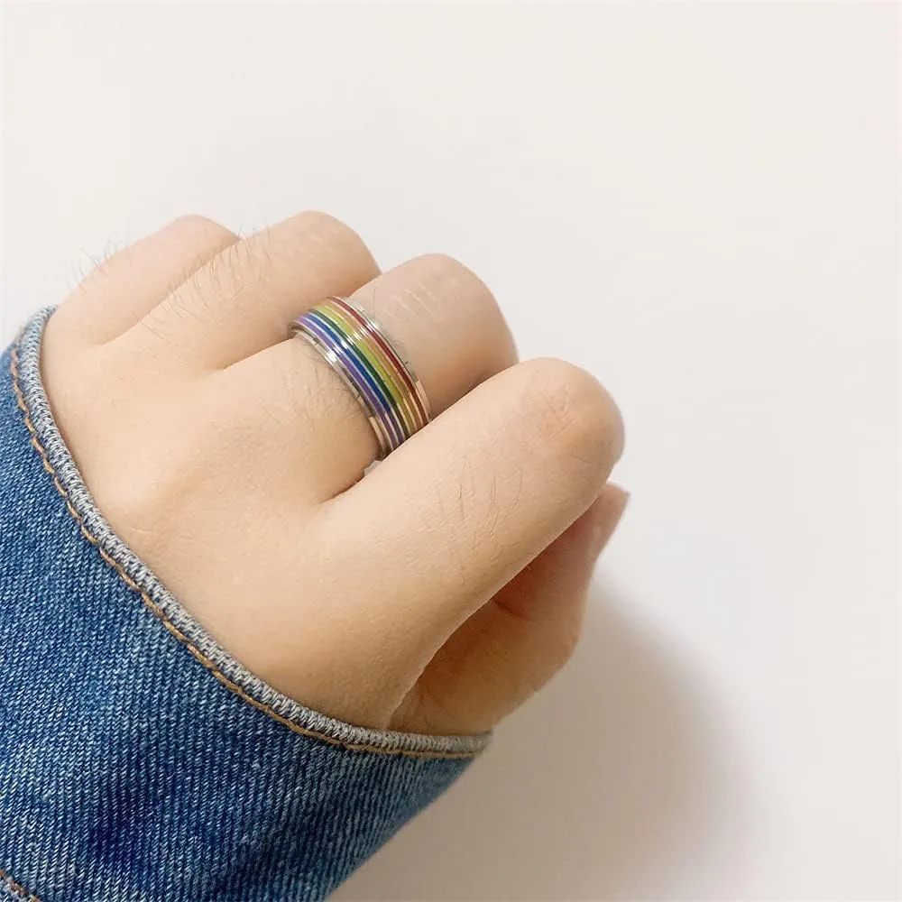 Rotatable Rainbow Stripe LGBT Pride Band Ring for Women Men Teens Couples Bff Anti Anxiety Stress Relief Fidget Spinner Ring Stainless Steel Statement Relationship Knuckle Ring Boyfriend Girlfriend Xmas New Year Party Gifts