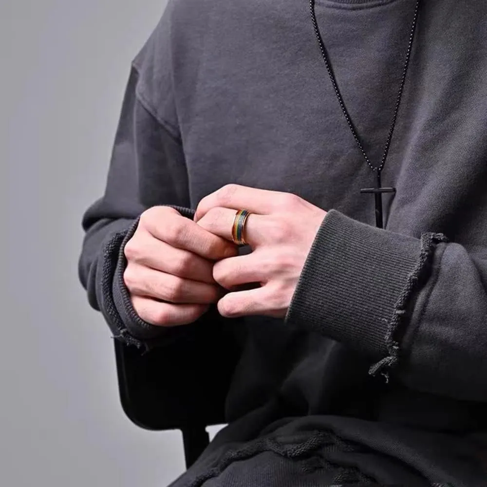 Rotatable Rainbow Stripe LGBT Pride Band Ring for Women Men Teens Couples Bff Anti Anxiety Stress Relief Fidget Spinner Ring Stainless Steel Statement Relationship Knuckle Ring Boyfriend Girlfriend Xmas New Year Party Gifts