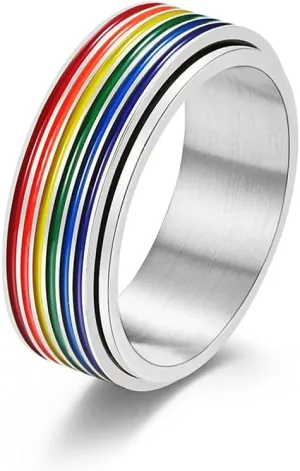 Rotatable Rainbow Stripe LGBT Pride Band Ring for Women Men Teens Couples Bff Anti Anxiety Stress Relief Fidget Spinner Ring Stainless Steel Statement Relationship Knuckle Ring Boyfriend Girlfriend Xmas New Year Party Gifts