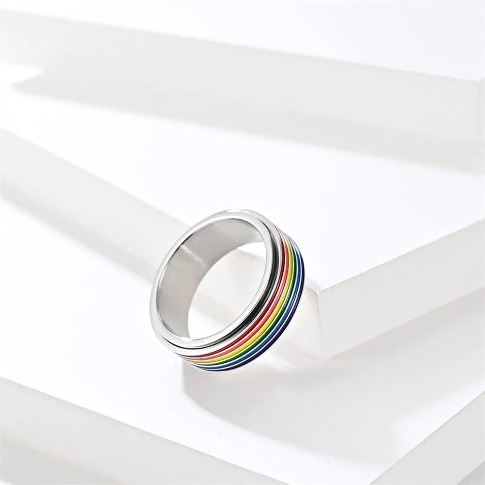 Rotatable Rainbow Stripe LGBT Pride Band Ring for Women Men Teens Couples Bff Anti Anxiety Stress Relief Fidget Spinner Ring Stainless Steel Statement Relationship Knuckle Ring Boyfriend Girlfriend Xmas New Year Party Gifts