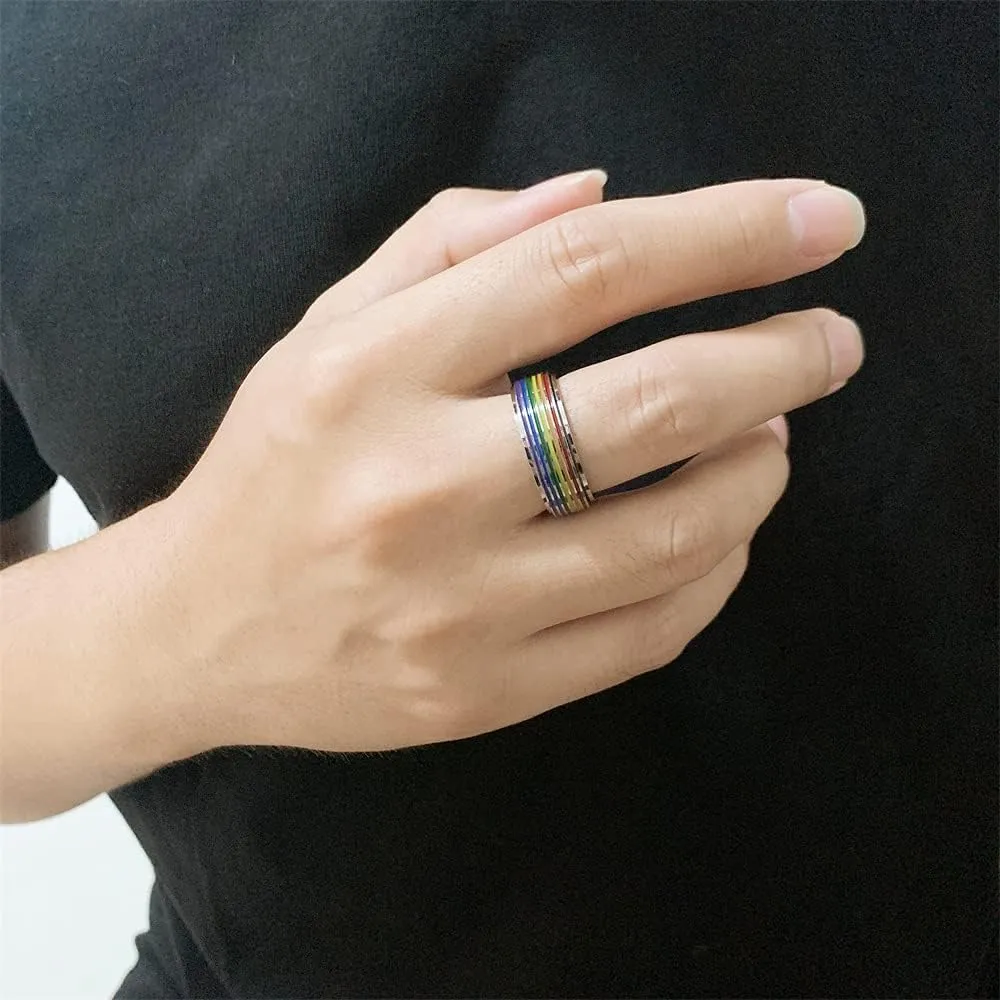 Rotatable Rainbow Stripe LGBT Pride Band Ring for Women Men Teens Couples Bff Anti Anxiety Stress Relief Fidget Spinner Ring Stainless Steel Statement Relationship Knuckle Ring Boyfriend Girlfriend Xmas New Year Party Gifts